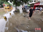 6月29日下午，武汉市洪山区一小区渍水点，连降暴雨小区湖里鱼儿外逃，一些市民雨后在渍水的马路上捕鱼。图片来源：人民视觉 - 新浪湖北