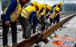 4月26日，中铁十一局建设者在安九高铁温碧岭特大桥进行铺轨作业。新华社记者 杜华举 摄 - 新浪湖北
